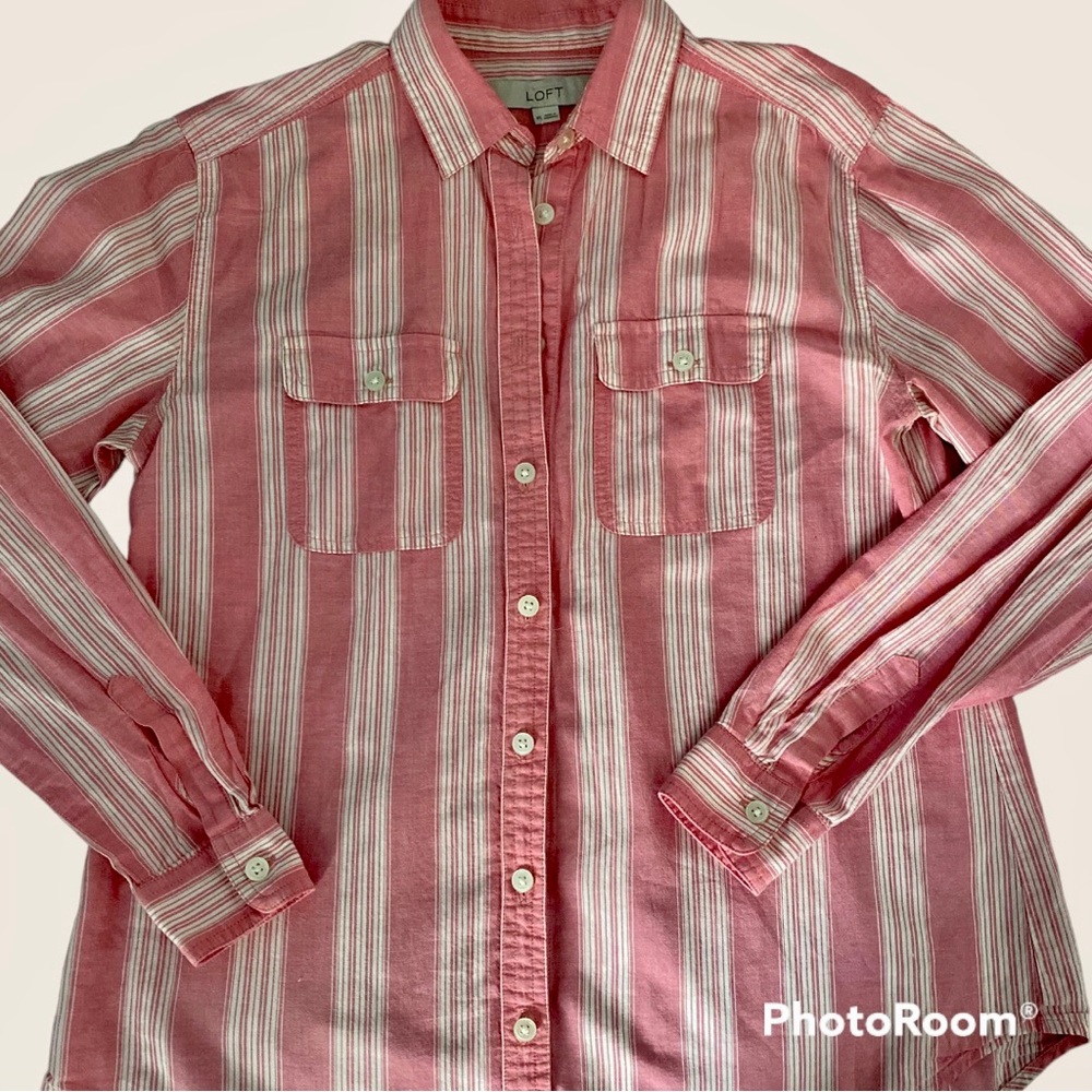 Ann Taylor Loft Striped Pink Button Down Blouse